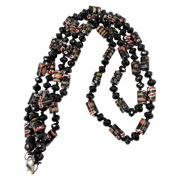 Vintage Black Millefiori Glass Crystal Beaded Necklace 24" Multi-Strand Layered - Picture 6 of 9